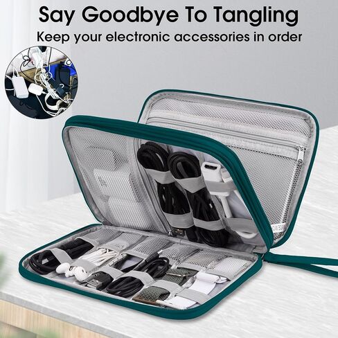 Leather Travel Electronic Organizer - Double Layer, Waterproof Case for Cables, Chargers, Phones & More - Portable, Shockproof Pouch for All Your Electronics Accessories (Black, M) in Kuwait