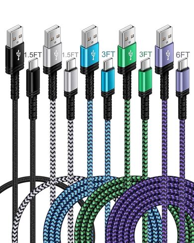 AILKIN 5Pack USB to USB C Charger Cable for iPhone 16 15/15 Pro/15 Pro Max/15 Plus, Fast Charging Android Samsung Galaxy S24 Ultra S23+ S22+ USBC Type-C Cables Pixel 9 Pro 8 7 7a, Auto Car Multi Cord in Kuwait