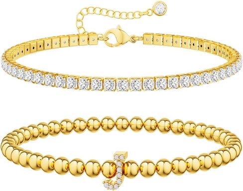 Initial Gold Bracelets for Women, 14K Gold Plated Letter Bracelet Beaded Cubic Zirconia Tennis Bracelets for Women Trendy Fashion Jewelry for Women, Initial A-Z in Kuwait