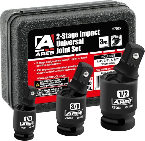 ARES 27027-3-Piece 2-Stage Impact Universal Joint Set – 2-Stage Ball Spring Design Changes Socket from Swivel to Fixed Position - 1/4-Inch, 3/8-Inch and 1/2-Inch Drive in Kuwait