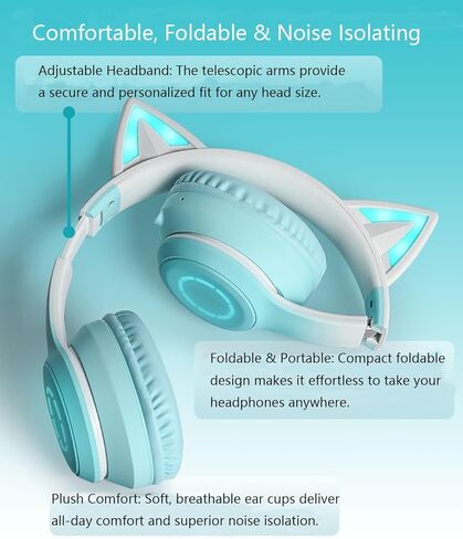 سماعات رأس بلوتوث على شكل قطة فوق الأذن للسفر، سماعات رأس جميلة سوداء قابلة للطي للأطفال، سماعة رأس لاسلكية LED، سماعات رأس سلكية متوافقة مع الهاتف/الكمبيوتر الشخصي/الكمبيوتر اللوحي/التلفزيون/Xbox/التبديل (أسود) in Kuwait