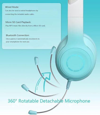 سماعات رأس بلوتوث على شكل قطة فوق الأذن للسفر، سماعات رأس جميلة سوداء قابلة للطي للأطفال، سماعة رأس لاسلكية LED، سماعات رأس سلكية متوافقة مع الهاتف/الكمبيوتر الشخصي/الكمبيوتر اللوحي/التلفزيون/Xbox/التبديل (أسود) in Kuwait