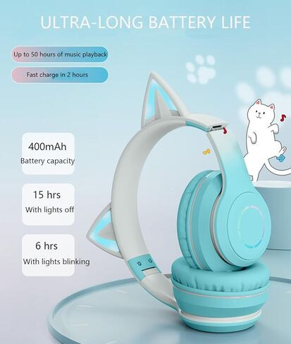 سماعات رأس بلوتوث على شكل قطة فوق الأذن للسفر، سماعات رأس جميلة سوداء قابلة للطي للأطفال، سماعة رأس لاسلكية LED، سماعات رأس سلكية متوافقة مع الهاتف/الكمبيوتر الشخصي/الكمبيوتر اللوحي/التلفزيون/Xbox/التبديل (أسود) in Kuwait