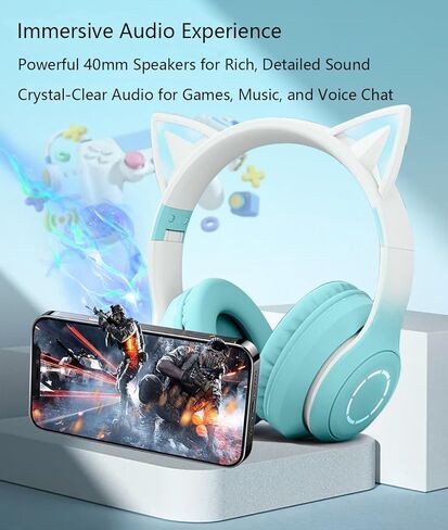 سماعات رأس بلوتوث على شكل قطة فوق الأذن للسفر، سماعات رأس جميلة سوداء قابلة للطي للأطفال، سماعة رأس لاسلكية LED، سماعات رأس سلكية متوافقة مع الهاتف/الكمبيوتر الشخصي/الكمبيوتر اللوحي/التلفزيون/Xbox/التبديل (أسود) in Kuwait