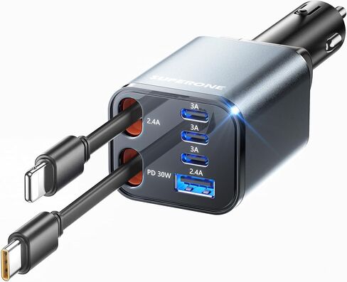 شاحن السيارات القابل للتراجع عن SuperOne ، [Ultra-Compact] شاحن سيارة 6-Port USB C ، شحنات سيارة iPhone شحن سريع مع كابل USB C & Apple ، محول ملحقات السيارات لـ iPhone 16/15/14/13/12 in Saudi Arabia