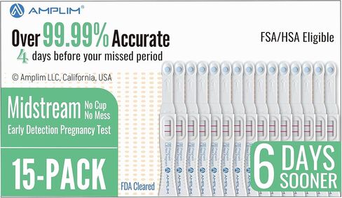 Amplim Early Detection Pregnancy Test, 15 Count – 99.99% Accurate, 10mIU/mL Ultra Sensitive HCG Test Strips, Detects 6 Days Before Missed Period, Easy Midstream Test for Home, Clinic, FSA HSA Approved in Kuwait