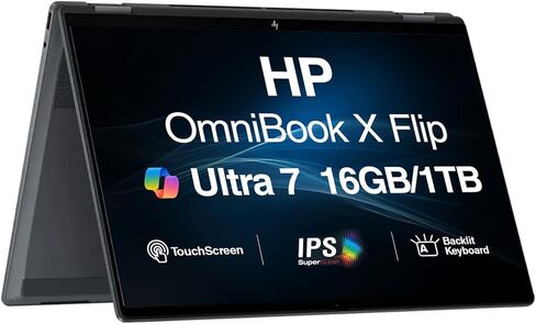 HP OmniBook X Flip 2-in-1 AI Powered 2-in-1 Laptop 16.0" Touchscreen IPS WUXGA Display (Intel Ultra 7-256V, 16GB LPDDR5X, 1TB SSD, Backlit KB, Thunderbolt 4, WiFi 6E, Webcam, Win 11 Home) in Saudi Arabia