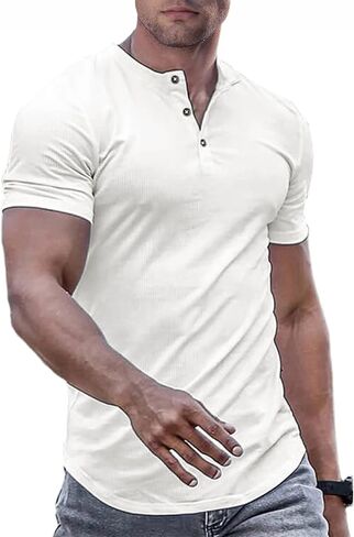 JMIERR Men's Muscle Slim Henley Shirts Crewneck Longline T-Shirt Gym Workout Athletic Shirt Tees with Button in Kuwait