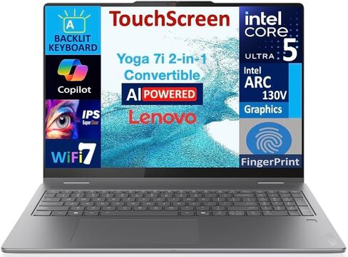 Lenovo Yoga AI Powered 2-in-1 كمبيوتر محمول 16.0 "شاشة تعمل باللمس IPS Wuxga (Intel Ultra 5-226V ، 16GB LPDDR5X ، 512GB M.2 PCIE SSD ، Lacklit KB ، بصمات الأصابع ، 2 Thunderbolt 4 ، WIFI 7 ، Webcam ، Win 11 Pro) in Saudi Arabia