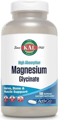 KAL Magnesium Glycinate ActivGels 315 مجم، مكمل مغنيسيوم عالي الامتصاص لدعم صحة العضلات والأعصاب والعظام، غير معدل وراثيًا، خالي من الغلوتين، 30 وجبة، 90 كبسولة هلامية in Kuwait