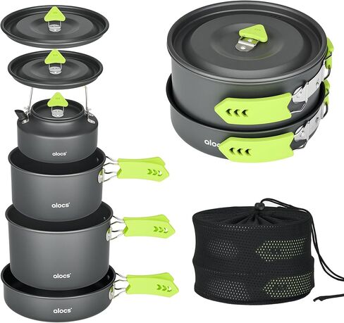 Alocs Camping Cooking Set Camping Gear, Portable Camping Cookware with Upgraded Handle, Camping Pots and Pans Set Outdoor Kitchen Must Have, Non-Stick Camping Pan for Picnic, Hiking and Fishing in Kuwait