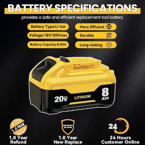 DCB200 8.0Ah Replacement for dewalt 20v max Battery Lithium-ion Batteries DCB200 DCB201 DCB203 DCB204 DCB206 DCB180 DCD/DCF/DCG Series Cordless Tools with LED Indicator 2Packs in Kuwait