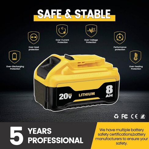 DCB200 8.0Ah Replacement for dewalt 20v max Battery Lithium-ion Batteries DCB200 DCB201 DCB203 DCB204 DCB206 DCB180 DCD/DCF/DCG Series Cordless Tools with LED Indicator 2Packs in Kuwait