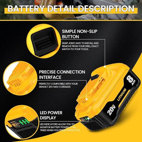 DCB200 8.0Ah Replacement for dewalt 20v max Battery Lithium-ion Batteries DCB200 DCB201 DCB203 DCB204 DCB206 DCB180 DCD/DCF/DCG Series Cordless Tools with LED Indicator 2Packs in Kuwait