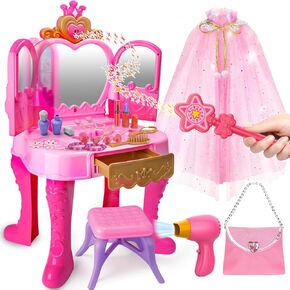 Toddler Vanity Magic Makeup Set Table and Chair Girl Toy Automatically Mirror with Music Light Pink Girl Toys 2 3 4 5 Year Old Hair Salon Pretend Play Princess Dress Up Playset Easter Gift Toddler 1-3 in Saudi Arabia