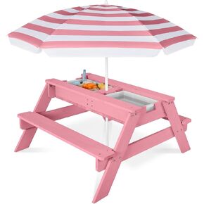 Best Choice Products Kids 3-in-1 Sand & Water Table, Wood Outdoor Convertible Picnic Table w/Umbrella, 2 Trays, Removable Top - Navy in Saudi Arabia