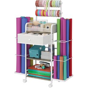Rolling Craft Storage Cart with Lockable Wheels, DIY Organizer for Wrapping Paper, Paints, Brushes, Tools, and Craft Supplies, Multi-Tier Craft Cart with Tape Holder, Drawers, and Mesh Baskets in Saudi Arabia