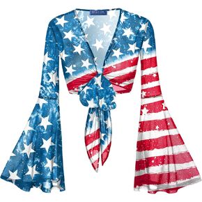 For G and PL Women Tie Front Bell Sleeve Rave Crop Tops Floral Print Hippie Mesh Sheer Shirt in Kuwait