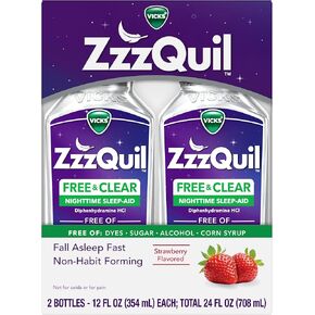 ZzzQuil Liquid Sleep Aid, Diphenhydramine 50mg HCI, Free & Clear, Free of Alcohol and Artificial Dyes, Nighttime Sleep Aid Liquid, Non-Habit Forming, Strawberry Flavored, 2 Pack, 24 FL OZ in Kuwait