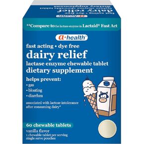 A+Health Dairy Relief Lactase Enzyme 9000 FCC Chewable Tablets, 60 Count, Fast Acting, Dye-Free, Dietary Supplement, Vanilla Flavor, Single Serve Pouches, for Adults and Children 4 Years and Up in Kuwait