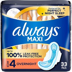 Always Maxi Overnight Pads with Wings for Women, Size 4, Overnight Absorbency, Unscented, 33 Count in Kuwait