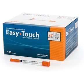 Easy Touch 27 Gauge U-100 Insulin Syringes (27G 0.5cc 1/2") with 1/2" Long Needle, 0.5cc (50 Unit Capacity), Bold Markings for Accurate Dosing, Disposable, Box of 100 in Kuwait