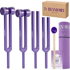 مجموعة شوكات ضبط للشفاء - تتضمن 4 شوكات ضبط تردد (128 هرتز، 136.1 هرتز، 256 هرتز، 384 هرتز) ومطرقة عاكسة، وأدوات معالجة الصوت لعلاج صوت الشاكرا، وملحقات اليوغا والتأمل in Kuwait