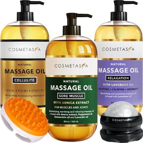 Cosmetasa Body Massage Oil Therapy Kit – Arnica & Lavender Oil for Relaxation and Sore Muscles – Includes Anti-Cellulite Oil, Roller Ball & Mitt for Firming Skin – Spa Gift Set for Women & Men in Kuwait