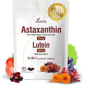 VivoNu 14-in-1 Astaxanthin 24mg & Lutein 40mg with Zeaxanthin Supplements, 6 Month Supply, Fresh Microalgae Source, Gluten Free Non-GMO, Supports Eye, Skin, Antioxidant, 180 Softgels, 1 Bag in Kuwait