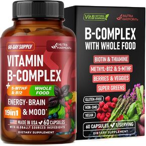 Vitamin B Complex - B1 | B2 | B3 | B5 | B6 | Biotin | B12 | 5-MTHF - Astragalus & Whole Food Blend - Energy, Metabolism & Brain - Vitamins B for Women & Men - Made in USA - 60 Capsules, 60 Days Supply in Saudi Arabia