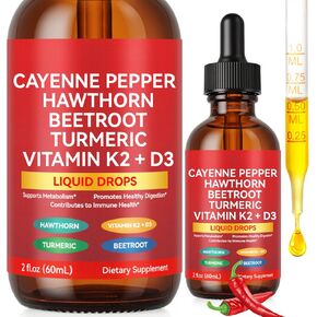 Cayenne Pepper Drops, Liquid Cayenne Pepper Organic, Cayenne Health Supplements, Cayenne Pepper Hawthorn Beet Root Turmeric Curcumin, Vitamin K2 & D3, Vegan-Friendly- 2 Fl Oz in Kuwait