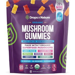 قطرات من طبيعة أسد الطبيعة وعلكة أشواغاندا - ذيل الديك الرومي، مايتاكي، ريشي، شاجا، شيتاكي، كورديسيبس - علكات عضوية منخفضة الكربوهيدرات فائقة الجودة - مزيج فطر 8 في 1 (فواكه مشكلة، 80 دببة حلوى) in Kuwait