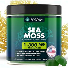 Secret Element Sea Moss Gummies 1300MG for Women and Men, Irish Sea Moss with Bladderwrack & Burdock Root, Vegan Sea Moss Gummies, Sugar Free, Non-GMO, Apple Flavor, 60 Gummies in Kuwait