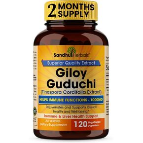 SANDHUHERBALS مسحوق جيلوي (جودوتشي) العضوي العشبي 120 كبسولة نباتية للرجال والنساء | مكمل عشبي طبيعي لدعم المناعة والطاقة والهضم | صنعت في الولايات المتحدة الأمريكية in Kuwait