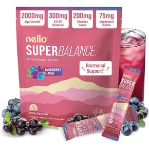 Nello Superbalance Hormonal Support Drink Mix, SRI-81 Shatavari, Myo-Inositol, Rhodiola Rosea, Vitamin C, Magnesium, Theobromine, Blueberry Acai (Pack of 20) in Saudi Arabia