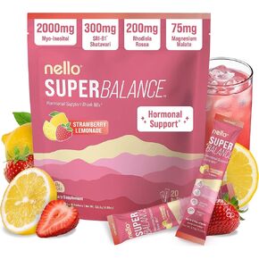 Nello Superbalance Hormonal Support Drink Mix, SRI-81 Shatavari, Myo-Inositol, Rhodiola Rosea, Vitamin C, Magnesium, Theobromine, Strawberry Lemonade (Pack of 20) in Saudi Arabia