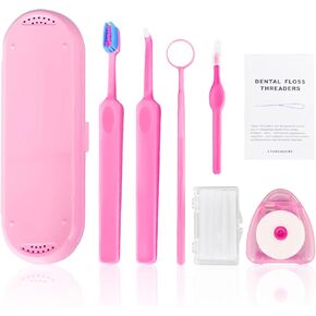 7-in-1 Orthodontic Oral Care Kit with Case – Toothbrush, End Tuft Toothbrush, Dental Mirror, Interdental Brush, Dental Floss and Threaders, Dental Wax, Portable Hygiene Set for Braces Daily Use (Pink) in Kuwait