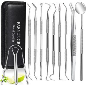 11 Pack Dental Tools PARYUNGR Teeth Cleaning Tool Kit, Stainless Steel Tongue Scraper Tartar Plaque Remover Tooth Cleaner Dental Floss Picks Mouth Mirror, Professional Oral Care Hygiene Set with Case in Kuwait