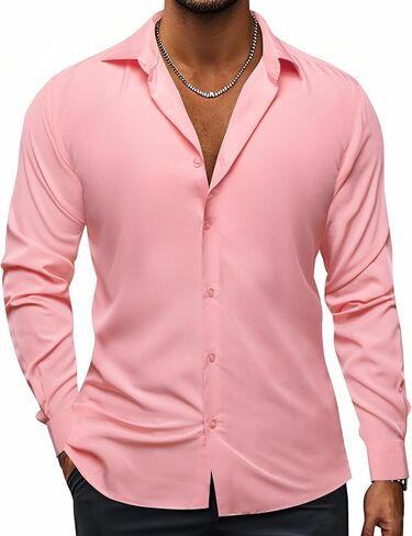 Hi-Tie Men's 4-Way Stretch Dress Shirts Wrinkle-Free Long Sleeve Casual Button Down Shirt in Kuwait