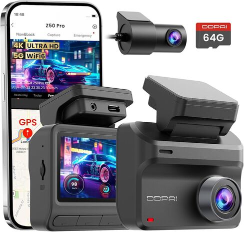 DDPAI 3 Channel 2160P+1440P+1080P Front Rear and Inside Dash Cam Dashcam with Start Reminder Night Vision 5G WiFi APP Control Extended 24 Hours Parking Monitor Support 512GB TF Card, Z60 πLink in Kuwait