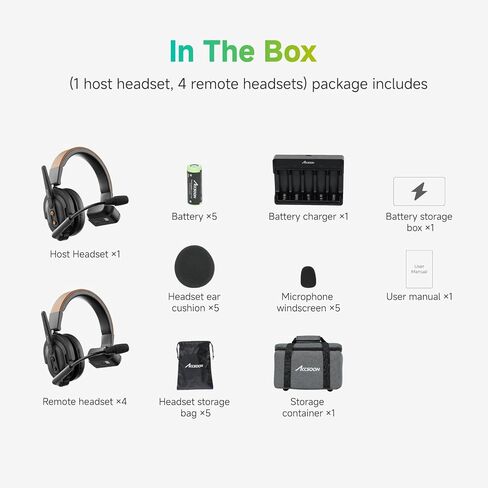 Accsoon Como Wireless Headset Intercom System, 5-Person Full-Duplex 1.9 GHz 1312 ft Team Communication Group Talk with Mic, Single-Ear 1 Host 4 Remote Headsets for Movie Shoot Live Show (5PCS) in Kuwait