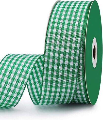 شريط VIVIQUEN Gingham Ribbon شريط مربعات بعرض 2.5 سم من قماش التفتا المنقوش بطول 25 ياردة حافة منسوجة من البوليستر بنسبة 100% (أزرق فاتح، 2.54 سم) in Kuwait