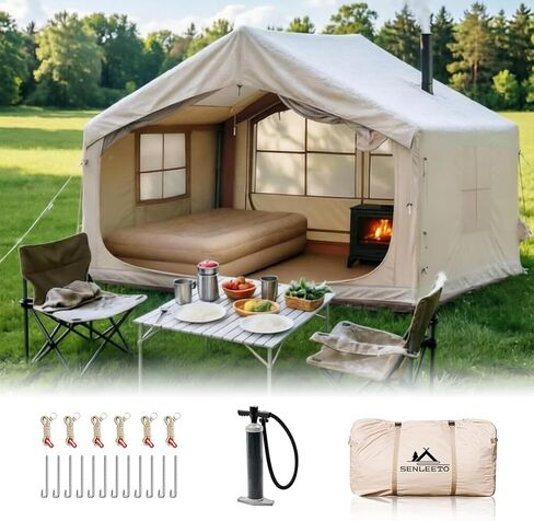 10'x 8' Inflatable Camping Tent,4 Season Blow up Tents for Camping,Large Inflatable Tent 6-8 Person,Air Tents,Glamping Tent with Stove Jack,AC Vent,Outdoor Camping in Saudi Arabia