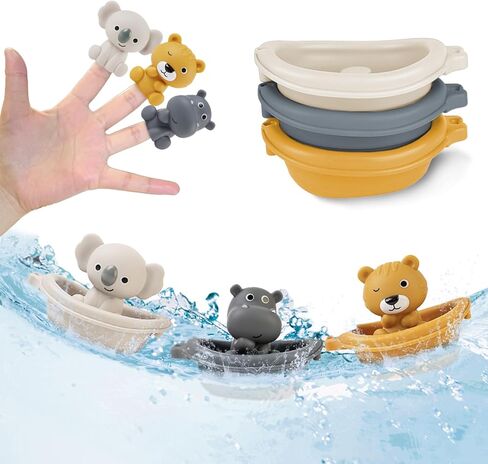 Baby Bath Toy Stackable Infant Bathtub Toys Stacking Floating Boat Train with Animal Finger Puppets Bath Toy Silicone Hand Puppet Educational Beach Toys for Babies Toddlers Party Favors in Kuwait