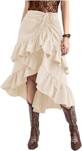 MakeMeChic Women's Western Cowboy Chic Asymmetrical Midi Skirts Ruffle High Low Skirts Boho Flowy Tiered Drawstring Skirts in Kuwait