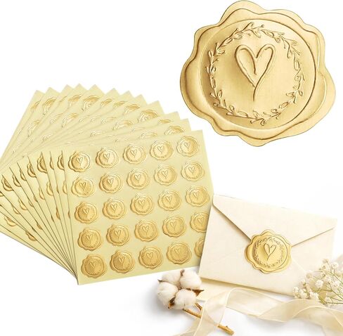 300pcs Gold Embossed Wax Seal Looking Heart Envelope Seals for Wedding Invitations/Greeting Cards/Party Favors, Self-Adhesive in Kuwait