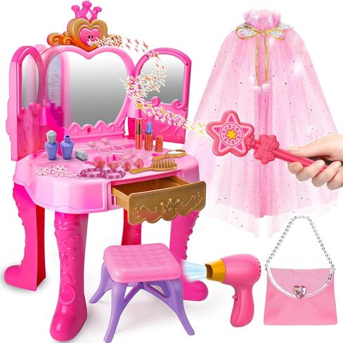 Toddler Vanity Magic Makeup Set Table and Chair Girl Toy Automatically Mirror with Music Light Pink Girl Toys 2 3 4 5 Year Old Hair Salon Pretend Play Princess Dress Up Playset Easter Gift Toddler 1-3 in Kuwait