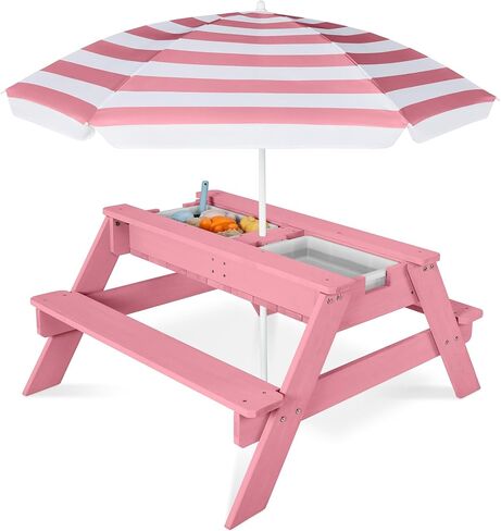 Best Choice Products Kids 3-in-1 Sand & Water Table, Wood Outdoor Convertible Picnic Table w/Umbrella, 2 Trays, Removable Top - Navy in Kuwait