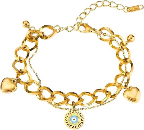 Celestara Stainless Steel Evil Eye Charm Bracelet for Women - 18K Gold Plated Double-Layer Heart Bracelets with Adjustable Hand Chain Design - Gift Box Included in Kuwait