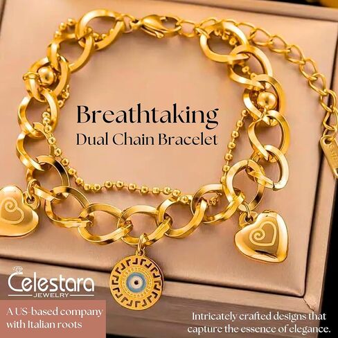 Celestara Stainless Steel Evil Eye Charm Bracelet for Women - 18K Gold Plated Double-Layer Heart Bracelets with Adjustable Hand Chain Design - Gift Box Included in Kuwait